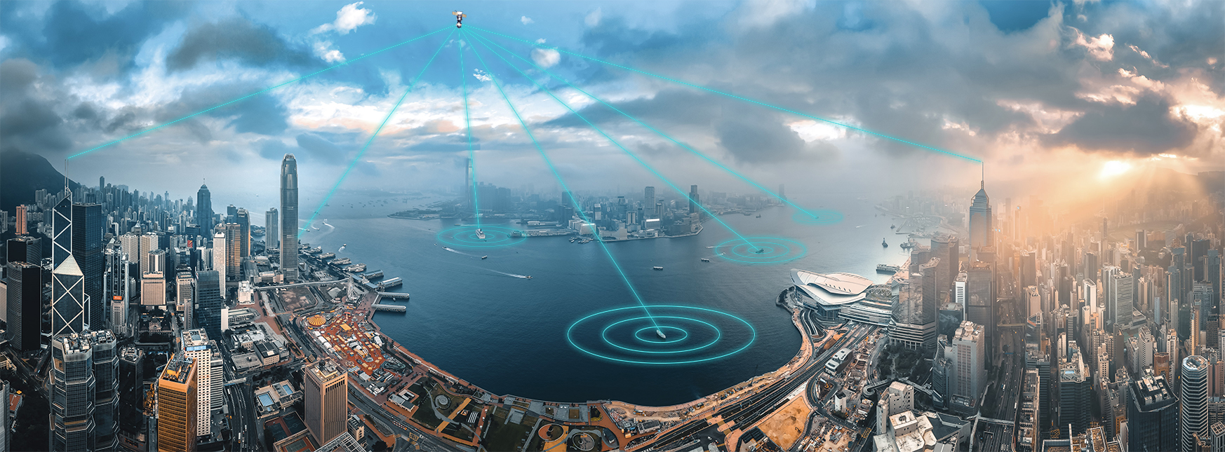 Seeking: AI-Based Maritime Surveillance System-Image of Hong Kong harbor connected by datalinks