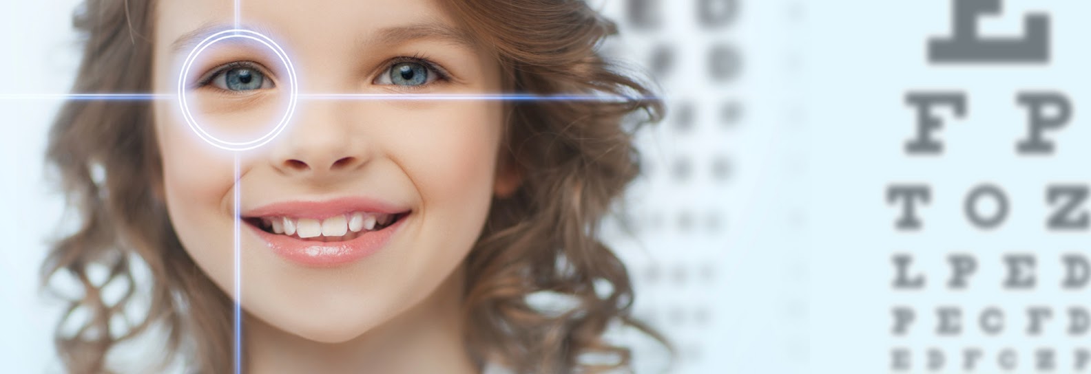 Novel Eye Drop Administration Techniques for pediatric phthalmology. Image depicts a young female child with a target over one eye and a vision test target in the backgroung