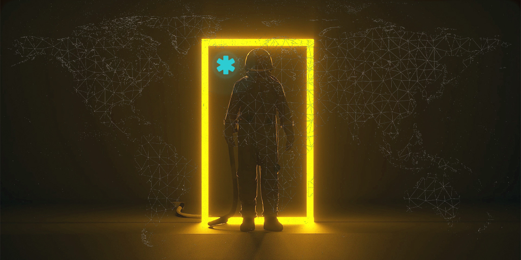 NASA Seeking: Precision Health Techniques that use astronaut phenotype-Image of an astronaut in a glowing doorway with overlay of a geometric global map