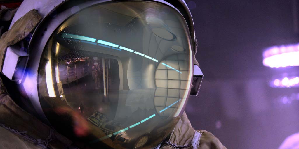 Seeking: Novel Augmented Reality Optics Technology for space-Closeup on futuristic astronaut helmet