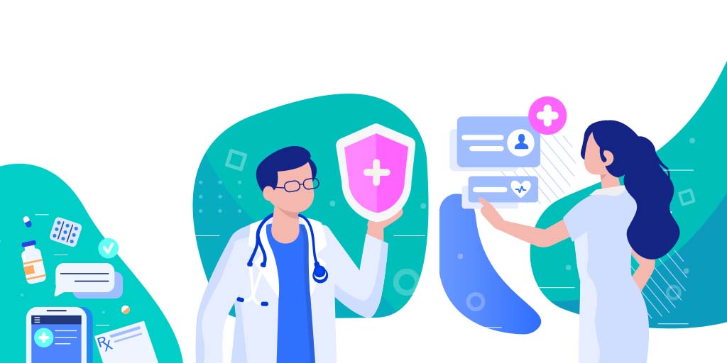 Patient Communication Equipment for Virtual Caregivers-vector image of a masc-presenting doctor and femme-presenting patient with digital items and medication icons in flat illustrative style