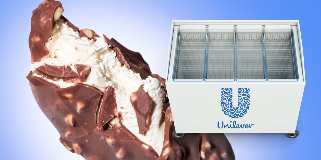 Energy Reduction for Ice Cream Cabinets Image of a magnum bar and a glass topped cooler with a unilever logo