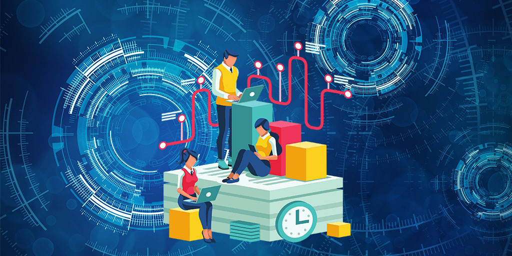 When to Use Proactive Scouting abstract radial patterns on a blue background with "digital" texture. In the foreground is a flat isometric illustration of three individuals on laptops some boxes and stylized red connections with white nodes and a clock.