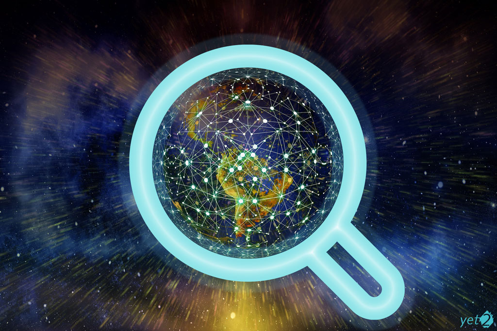 Careers-Image of a vector magnifying glass overlaid on earth with overlaid nodes and network graphics swooshing through space.