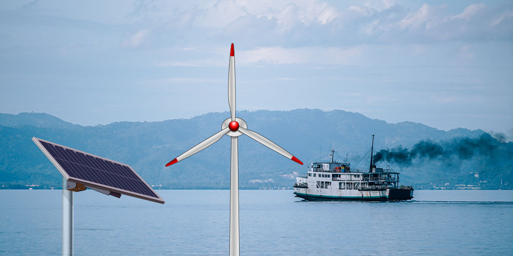 USBoR Seeking: Portable Power Supplies-vector graphics of a windmill and solar panel overlaid on a photogrpah of a a body of a ferry crossing a body of water with a ridge in the background.