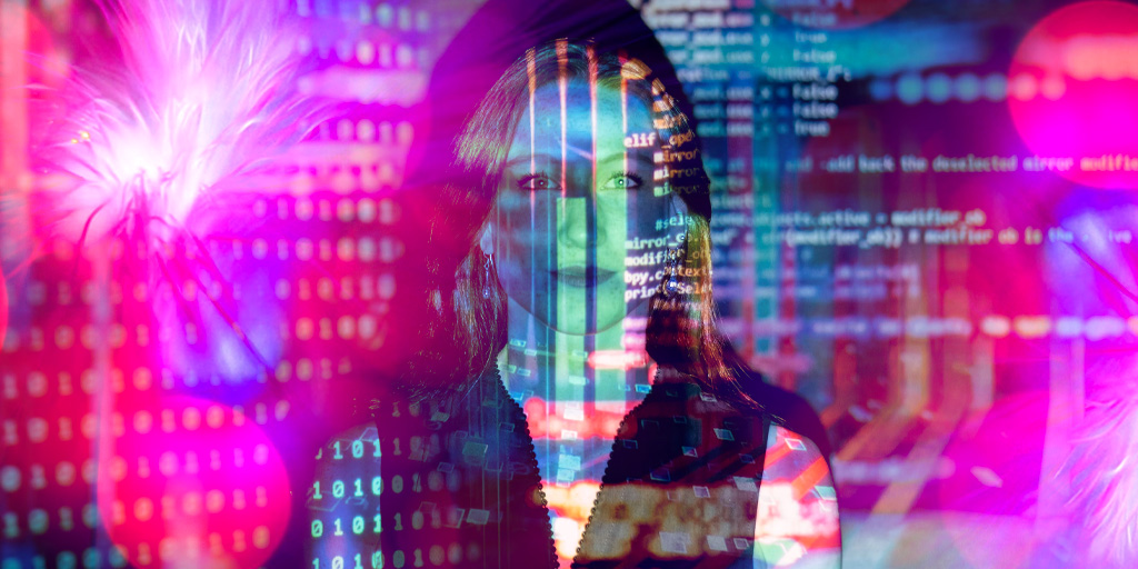 Woman with data code projected on her